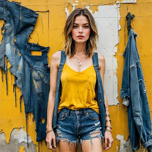 Stylish Woman in Yellow Top and Distressed Denim Shorts