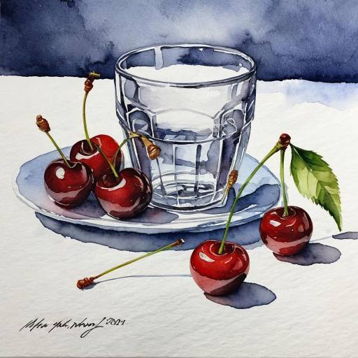 Still Life Watercolor of Cherry in Glass