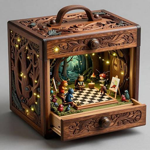 Detailed wooden box with intricate carvings, open to reveal a miniature fairy tale chess scene with fairy tale characters and glowing lights.