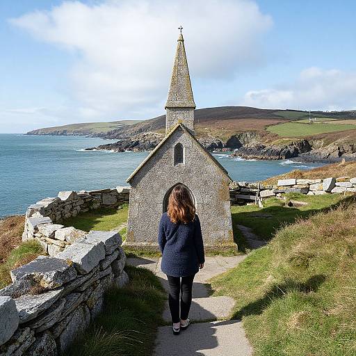 Photograph of a woman with long brown hair in a navy coat, standing on a path, facing a small stone church with a steeple,