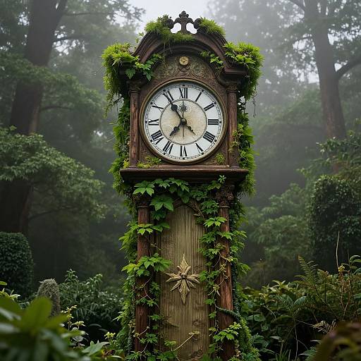 Photograph of an antique clock tower, overgrown with moss and vines, standing in a misty forest with tall trees.