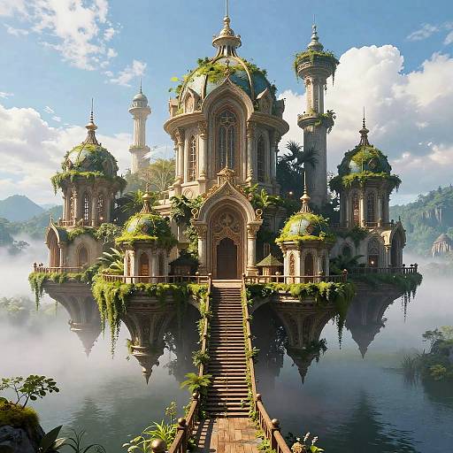 Mystical Floating Cityscape Over Lake