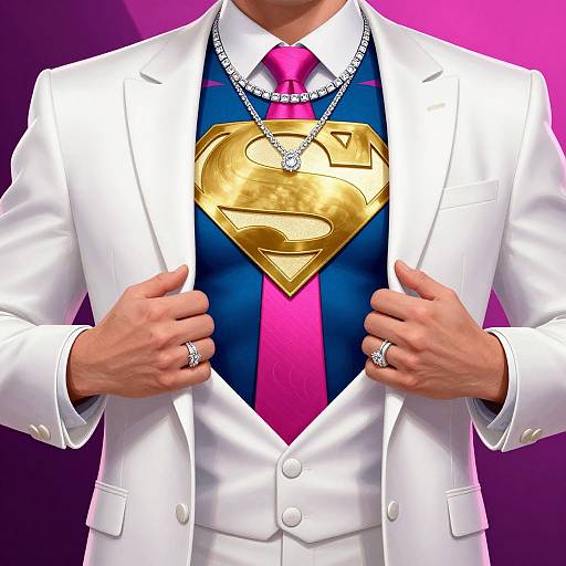 Photograph of a man in a white suit, blue shirt, pink tie, and golden Superman emblem, wearing multiple silver necklaces and rings, with