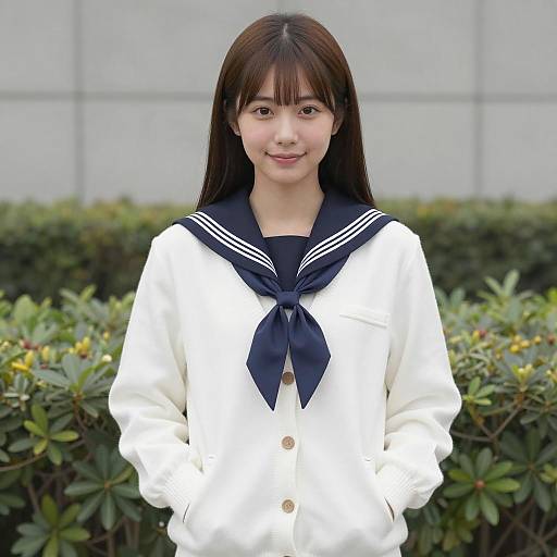 Asian Woman in Sailor Uniform and White Cardigan Outdoors