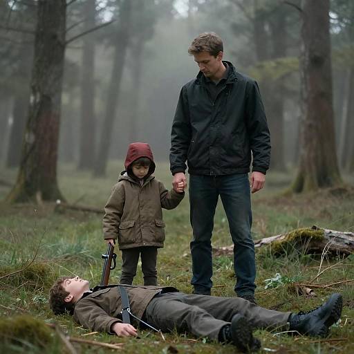 Misty Forest Walk: Man, Child, Fallen Figure