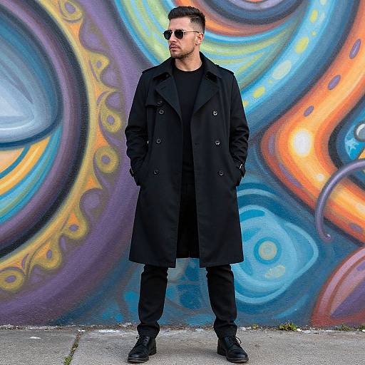 Photograph of a man with short dark hair, sunglasses, black coat, black t-shirt, and pants, standing against vibrant, abstract graffiti wall.