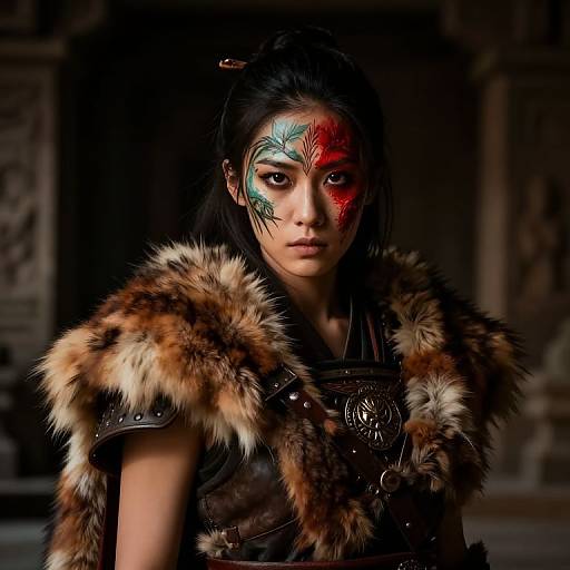 Photograph of an Asian woman with painted face, black hair in a bun, wearing fur and leather armor, in a dark, ancient temple.