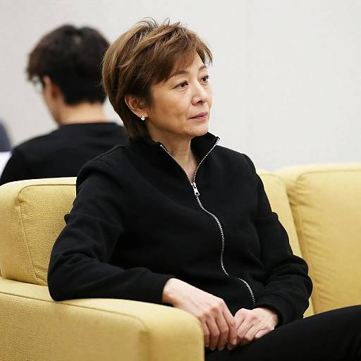 Middle-aged woman sitting on yellow couch