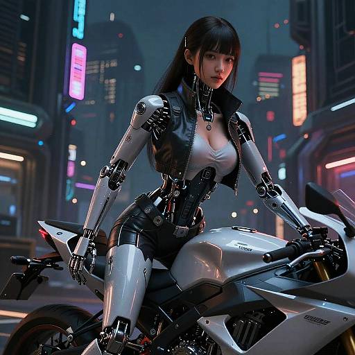 Cyberpunk city night scene: Asian woman with black hair and metallic robotic limbs, wearing a black leather vest over a white top, seated on a