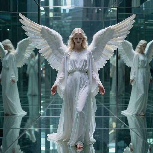 Digital artwork of a blonde angel with large white wings in a flowing white gown, walking through a mirrored, glossy, modern hallway.