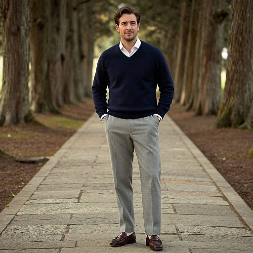Photograph of a handsome man with short brown hair, wearing a navy sweater, white shirt, gray pants, brown shoes, standing on a tree-lined