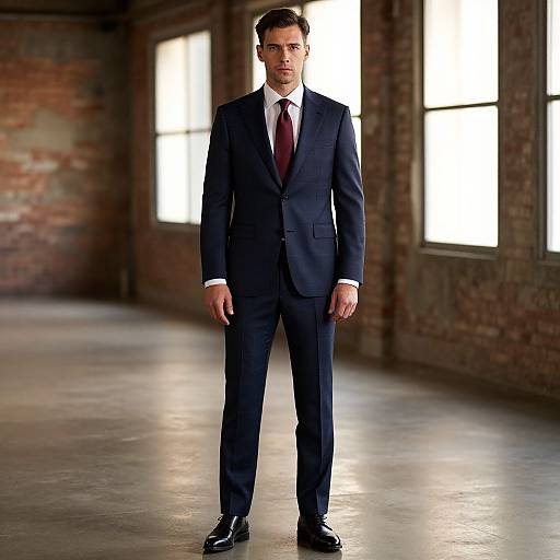 Photograph of a serious-looking man in a dark blue suit, white shirt, and red tie, standing in a dimly lit, industrial-style room