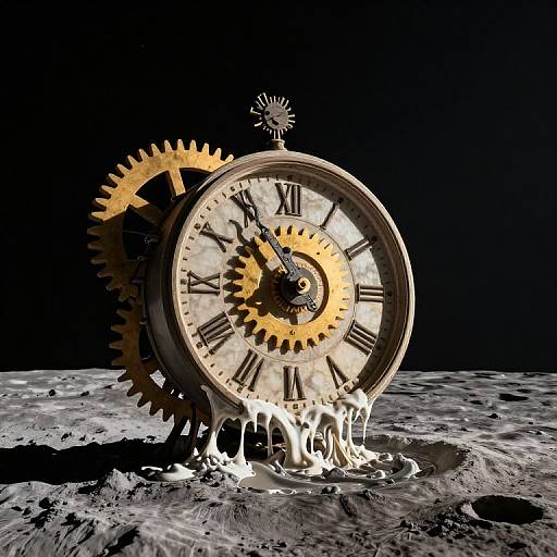CGI image of a large, steampunk clock with gears, Roman numerals, and melted white liquid on a moon-like surface.