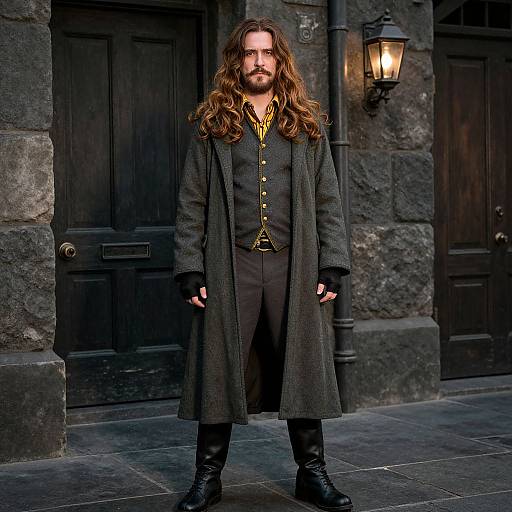 Photograph of a long-haired bearded man in a dark, medieval-style coat, black trousers, and boots, standing in front of stone building doors