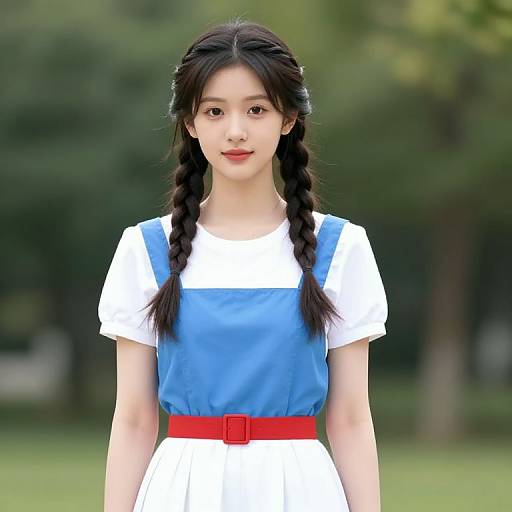 Photorealistic image of an East Asian girl with long black braids, wearing a blue and white dress with a red belt, standing in a green