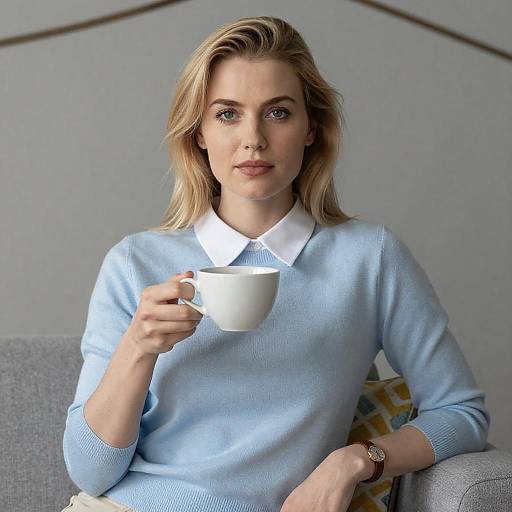 Blonde Woman on Gray Couch with Cup