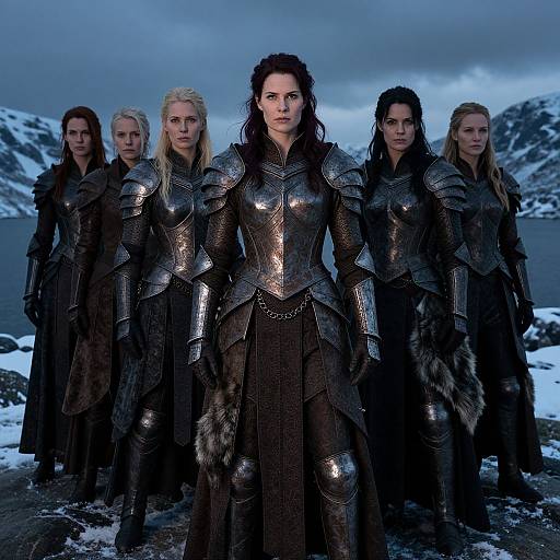 Photograph of six women in medieval Viking armor, standing in a snowy landscape; central woman with dark hair, others with varying hair colors, all serious