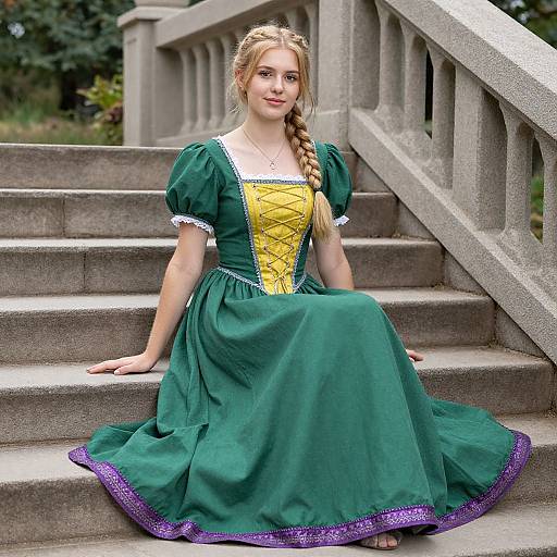 Medieval Blonde Woman on Stone Stairs