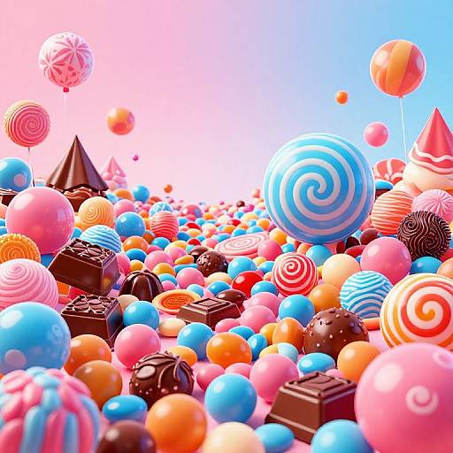 Vibrant digital illustration of a colorful candy explosion with swirling lollipops, chocolate bars, balloons, and a pink cone against a blue gradient