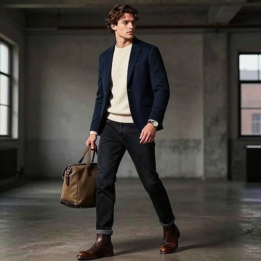 Photograph of a handsome, young man with wavy brown hair, wearing a navy blazer, white sweater, black jeans, and brown boots,
