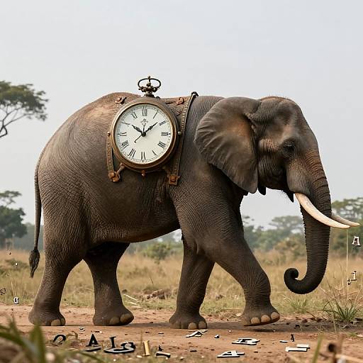 Elephant with Vintage Clock in Surreal Landscape