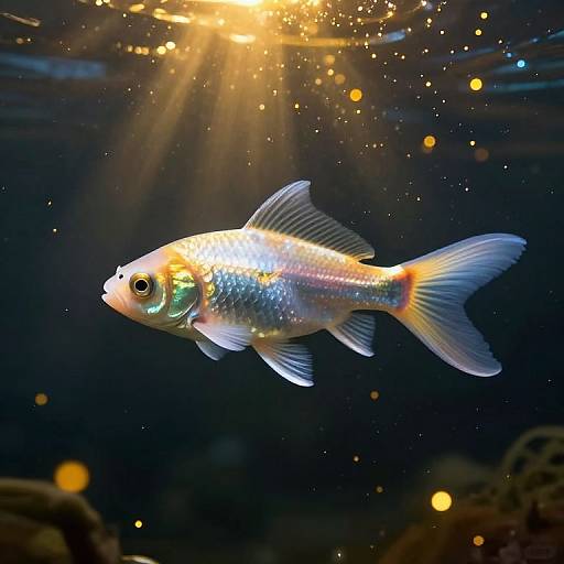 Photograph of a vibrant orange and silver fish with iridescent scales, floating in a dark underwater setting with sunlight rays and sparkling particles.