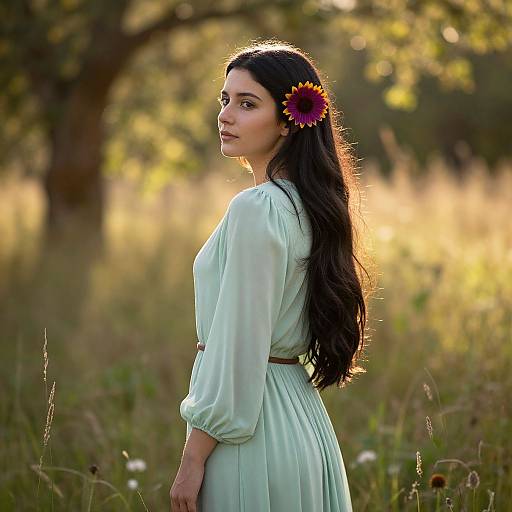 Photograph of a young woman with long dark hair, wearing a light green dress, a sunflower in her hair, standing in a sunlit,