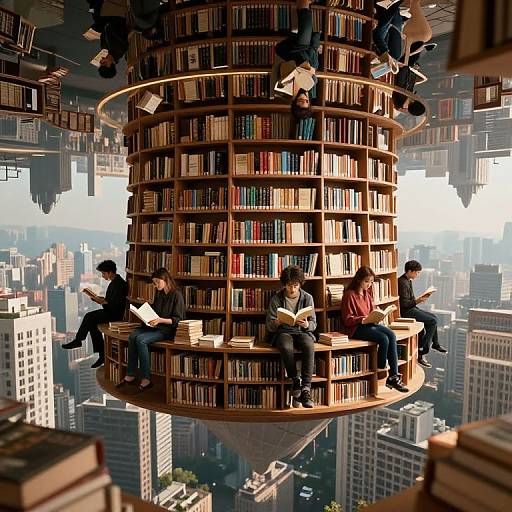 Digital artwork of six people reading on a floating, cylindrical bookshelf hovering above a cityscape, surrounded by towering skyscrapers.
