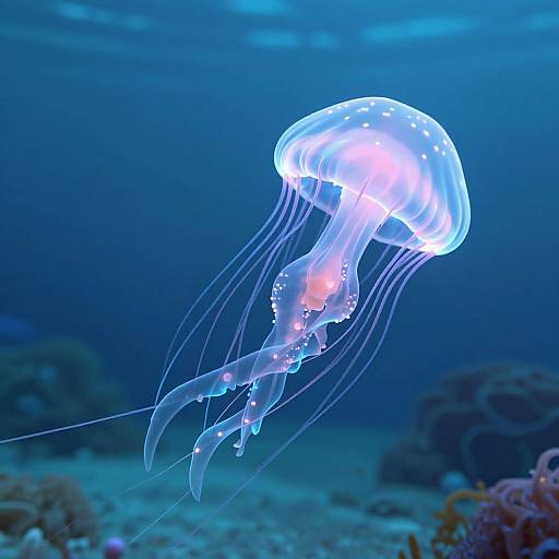 Photograph of a glowing, translucent jellyfish with long, flowing tentacles and bioluminescent spots, floating in a deep blue ocean. Cor