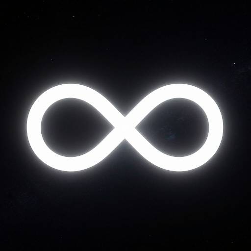 Photograph of a glowing white infinity symbol against a black background, with faint star-like specks scattered across the dark space.