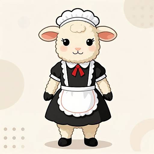 Cute cartoon sheep in black maid outfit with white apron, red bow, and black gloves, standing on white background. Digital art.