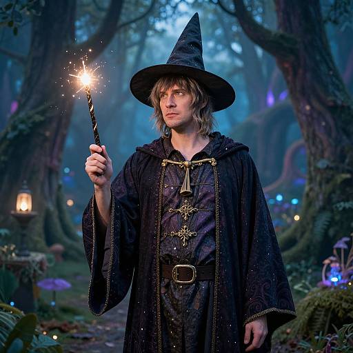 Photograph-style CGI of a young, blonde wizard in a black hat and cloak, holding a glowing wand in a mystical forest.