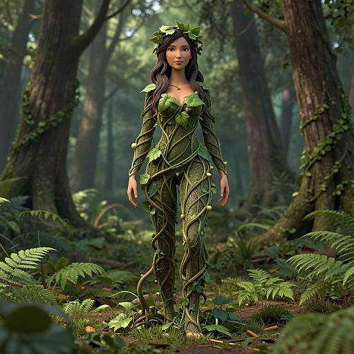 Digital fantasy artwork of a green leaf-covered, tree-woman with long dark hair, standing in a lush, forested, fern-filled woodland.