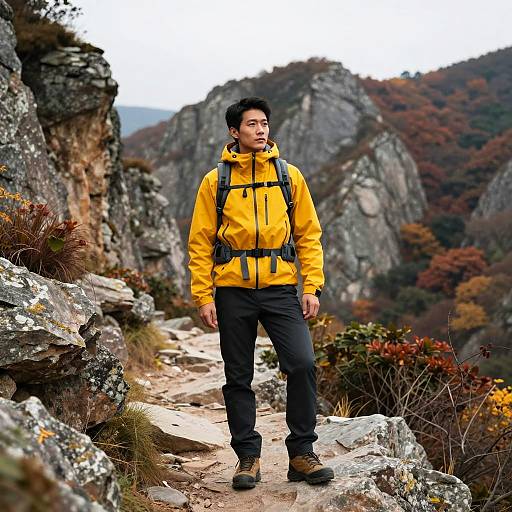 Man Hiking on Rocky Mountain Trail in Autumn