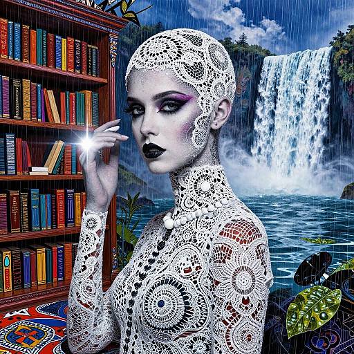 Digital artwork of a white-skinned woman with black lipstick and intricate lace bodysuit, gazing at a bookshelf, beside a waterfall.