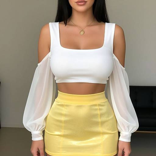 Photograph of a woman with long black hair, wearing a white off-shoulder crop top with puffed sleeves and a high-waisted yellow