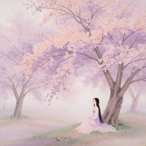 Digital painting of a woman in a white dress with long black hair, standing under a blooming pink cherry tree in a dreamy, pastel forest