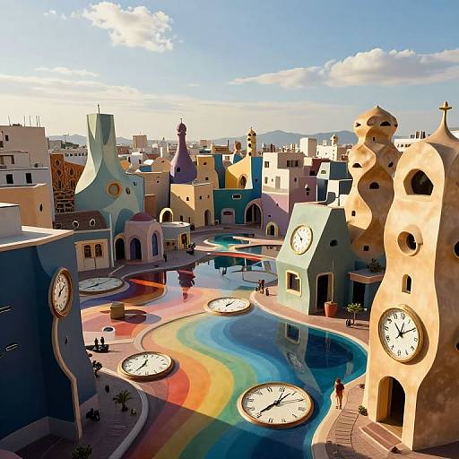 Surreal digital painting of a colorful, whimsical town with wavy, rainbow-painted streets, clock-topped buildings, and a clear blue