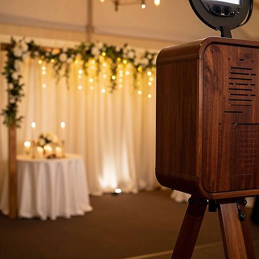 Photograph of a vintage wooden projector in the foreground, with a softly lit wedding or event backdrop featuring white drapes, floral arrangements, and string lights