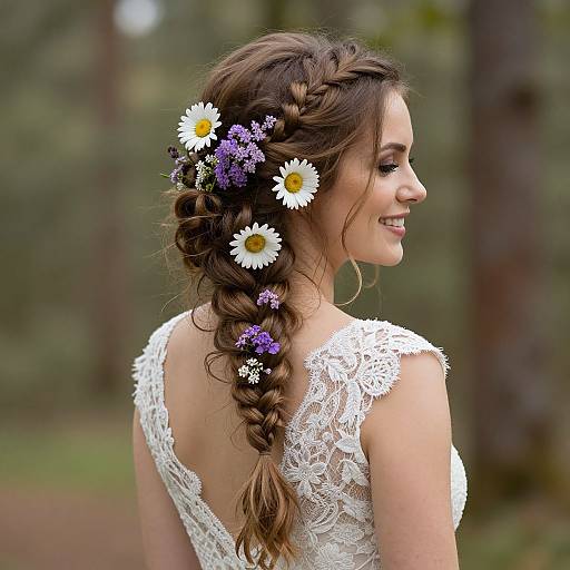 Photograph of a smiling woman with a braided brown hair adorned with white daisies and purple flowers, wearing a lace white wedding dress, against