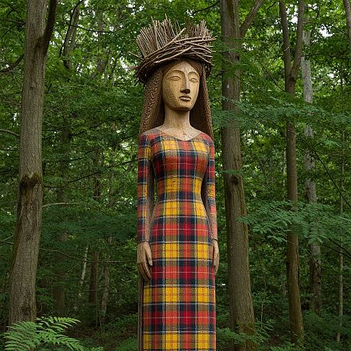 Photograph of a wooden sculpture of a serene woman in a plaid dress, wearing a twig crown, standing in a dense forest.