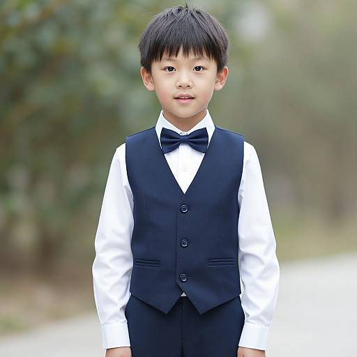 Photograph of an Asian boy in a black vest, white shirt, and bow tie, with short black hair, standing outdoors.