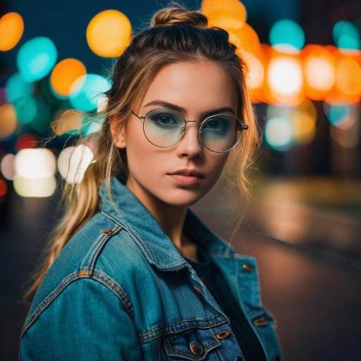 Young Woman in Denim Jacket at Night