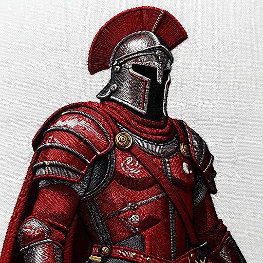 Digital drawing of a Roman legionnaire in detailed red armor with a metallic helmet and plume, facing slightly upward, white background.