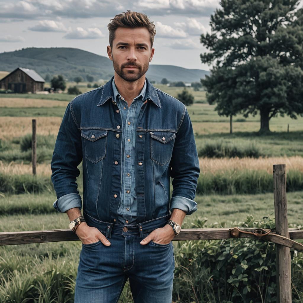 Stylish Denim Outfit in Rustic Countryside