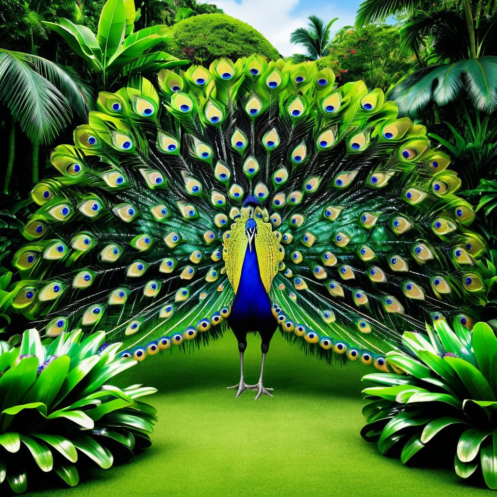 Elegant Peacock in Tropical Paradise Garden