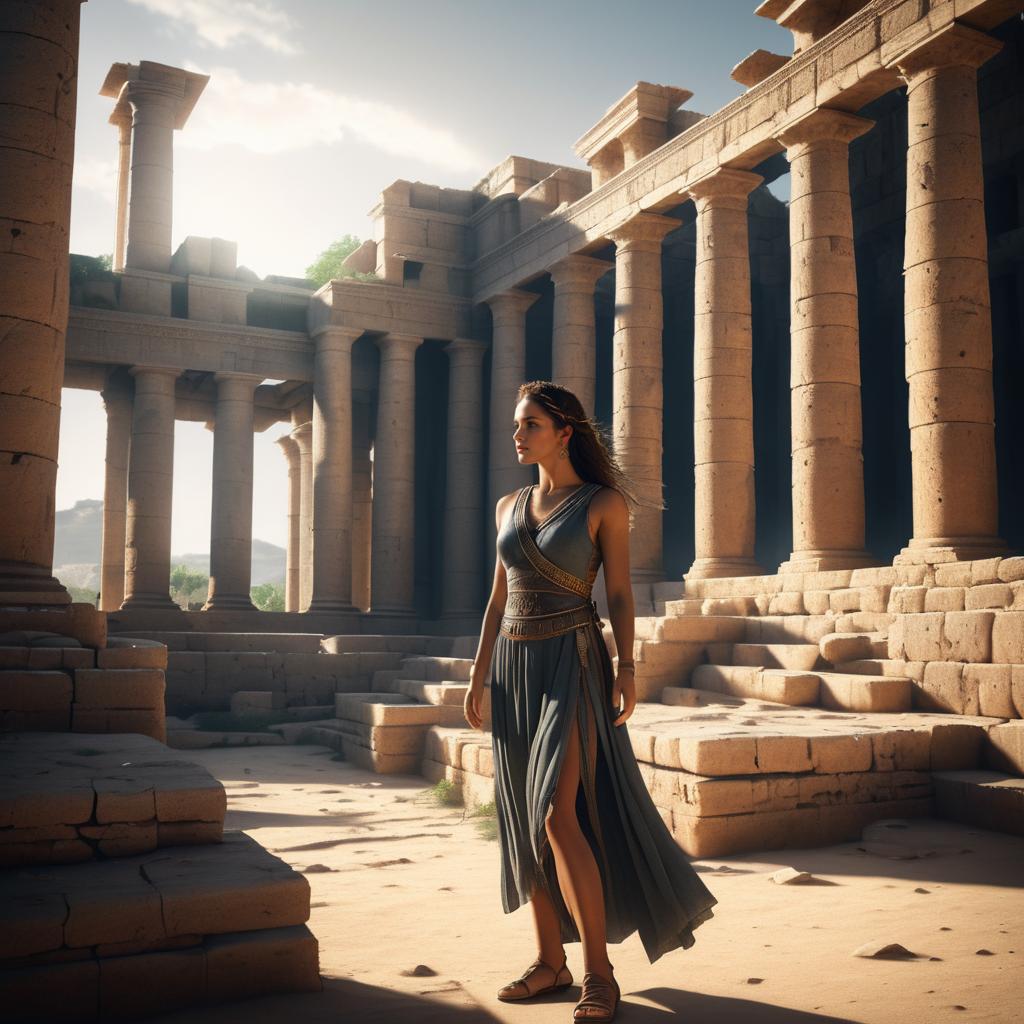 Cinematic Woman Amidst Ancient Ruins