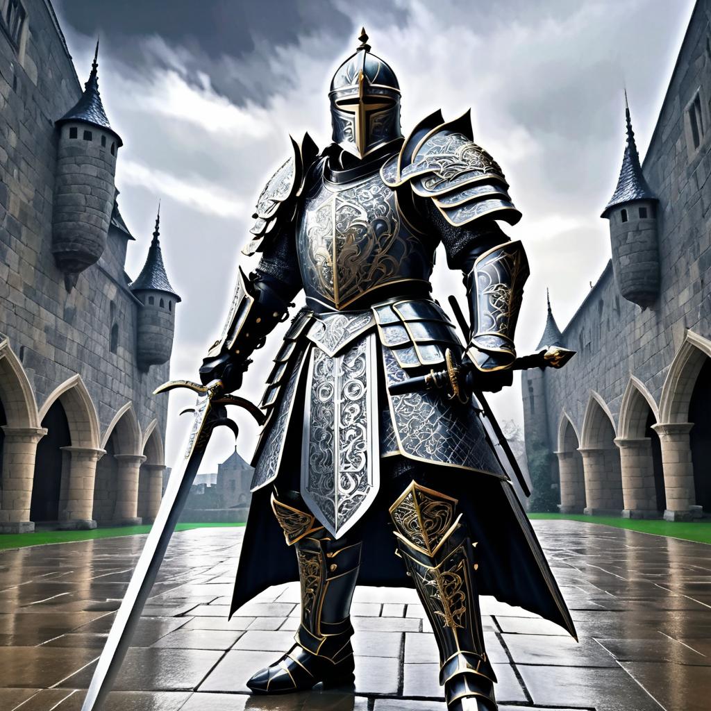 Epic Knight in Stormy Castle Courtyard