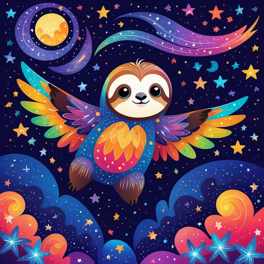 Whimsical Winged Sloth Under Stars