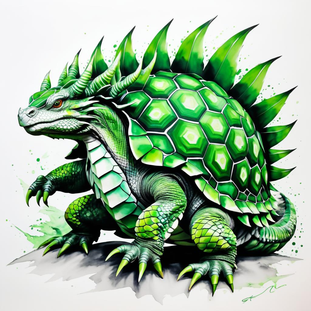 Impressionistic Dragon-Tortoise Hybrid Drawing